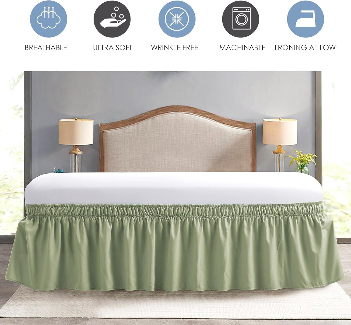 FreshCulture Queen Bed Skirt, Elastic Wrap Around Bed Skirt Queen Size, Bed Skirts for Adjustable Bed, Easy Fit with 15-Inch Tailored Drop, Hotel Quality Dust Ruffle for Queen Bed (Sage Green)
