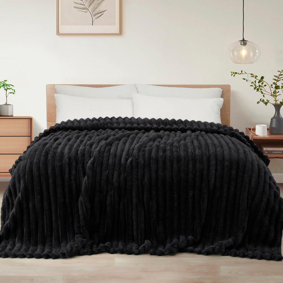 Exclusivo Mezcla Striped Fleece Throw Blanket for Couch, Sofa, Navy Blue