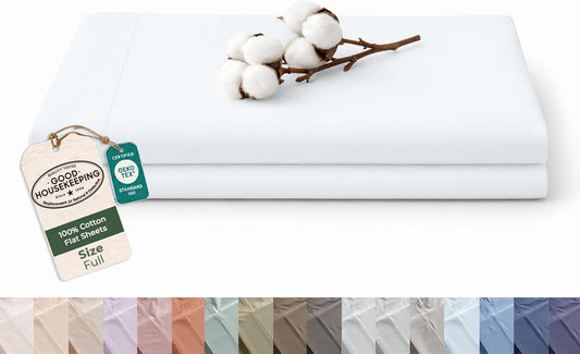 Royale Linens 100% Organic Cotton Full Size Flat Sheet Only - Percale Top Sheets - Full Flat Sheet Sold Separately - Lightweight & Super Soft 100% Cotton White Bed Sheets Only (81" x 96", White)
