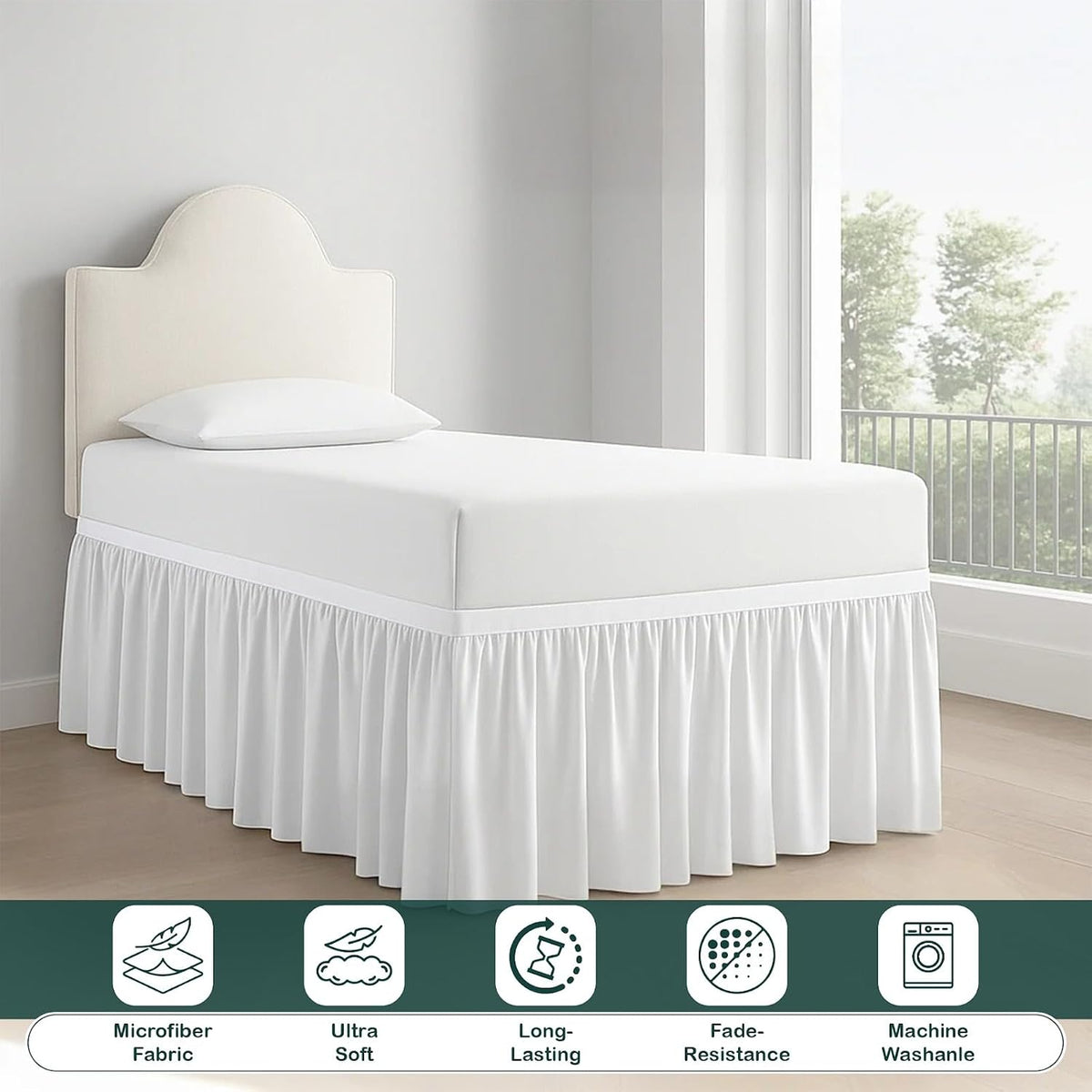 Premium Microfiber College Dorm Room Bed Skirt Twin XL 39" x 80", Extended 32" Drop, Split Corner Dust Ruffle, Wrinkle Resistant Durable Easy Care, White Solid