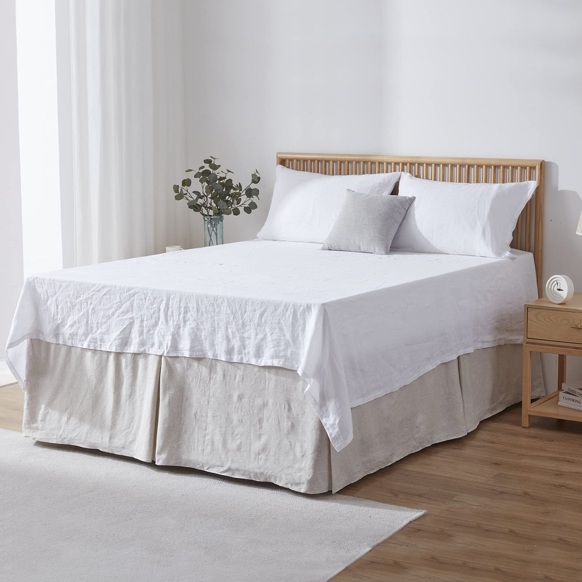 Simple&Opulence Belgian Linen Bed Skirt with Classic 14 inch Tailored Drop Dust Ruffle, Easy Fit Breathable Premium Natural Flax- Basic Linen, Queen