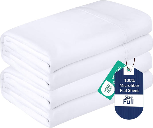 Royale Linens 2 Pack Bulk Flat Sheet Set - Top Sheets - Soft 1800 Microfiber - Wrinkle & Stain Resistant - for Hotel, Massage Table, Hospital, Dorm - Full Flat Sheet Sold Separately (Full, White)
