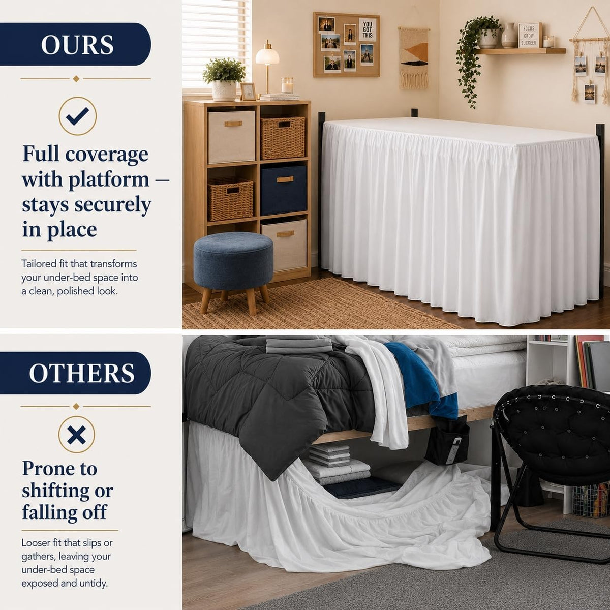 White Platform Dorm Bed Skirt Twin XL 42 Inch Drop,Extra Long Drop
