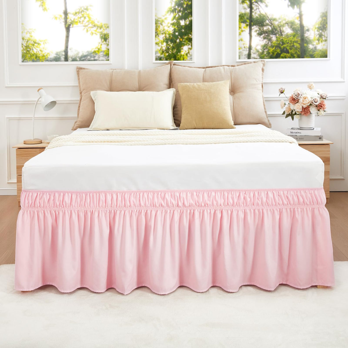 White Twin XL College Dorm Bed Skirt 32" Drop, Elastic Wrap Dust Ruffle