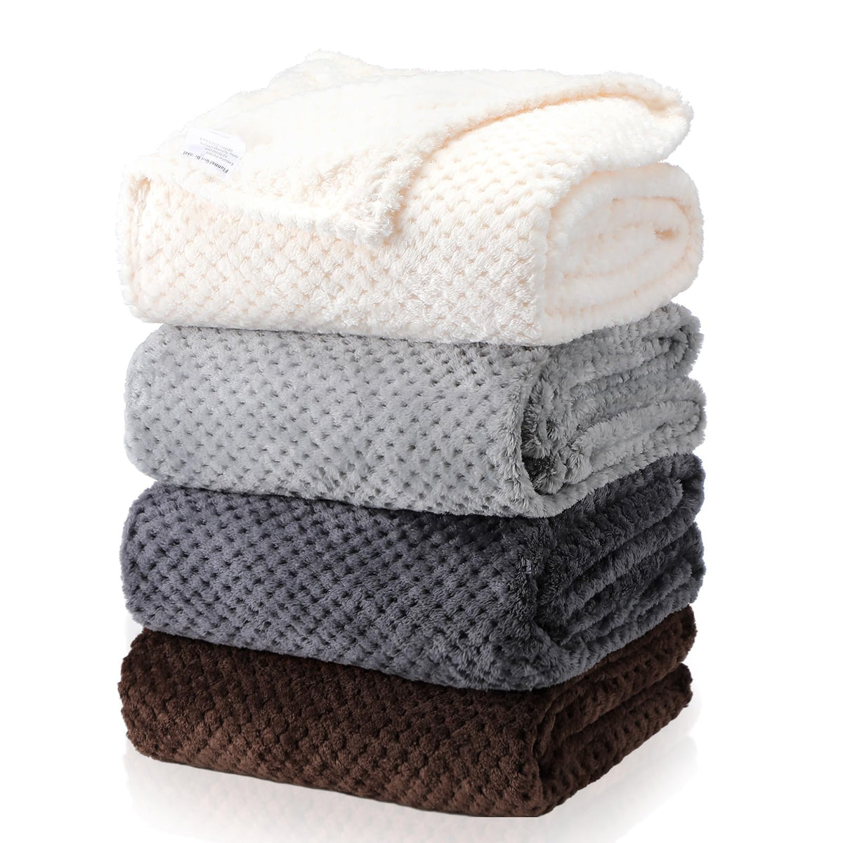 Newwiee 4 Pcs Fleece Throw Blanket, 3D Waffle Textured, Neutral Color