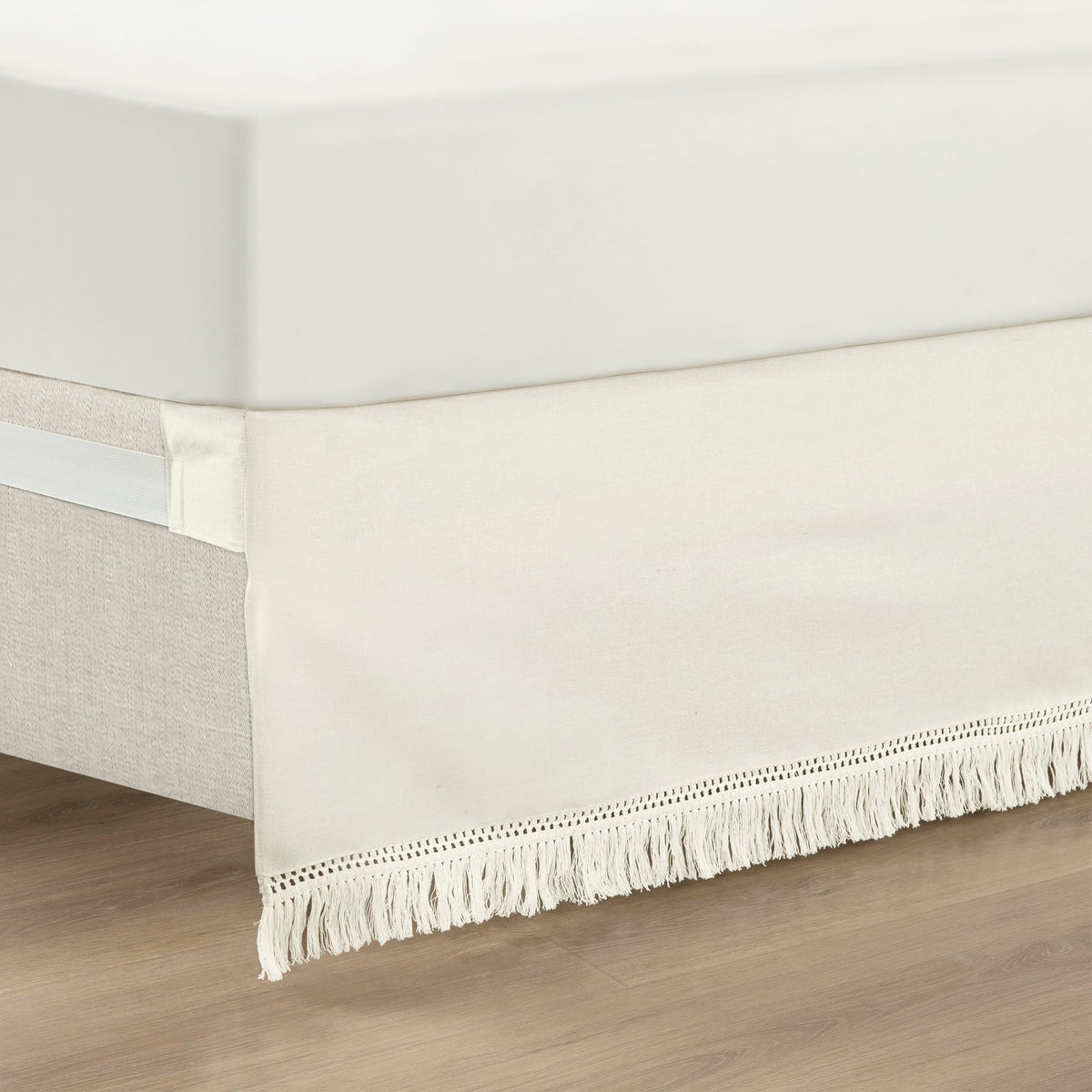 Lush Decor Boho Fringe 15-Inch Tailored Drop Easy Fit Bed Skirt King Size Single 78" W x 80" L +15" Neutral - King Bed Skirt - Wrap Around Bed Skirt