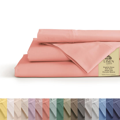 Linen Home 100% Cotton Percale Sheets Queen Size 4 Pc Cooling Set - White