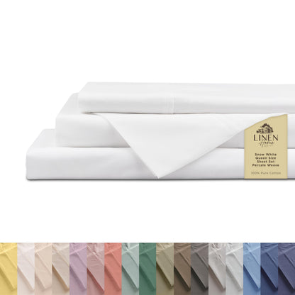 Linen Home 100% Cotton Percale Sheets Queen Size 4 Pc Cooling Set - White