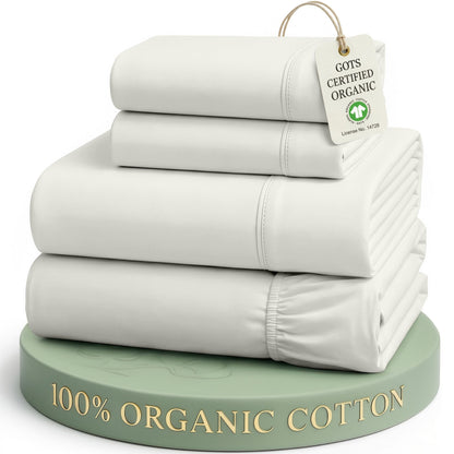 LANE LINEN Queen Sheets 100% Organic Cotton 4pc Percale Cooling - White
