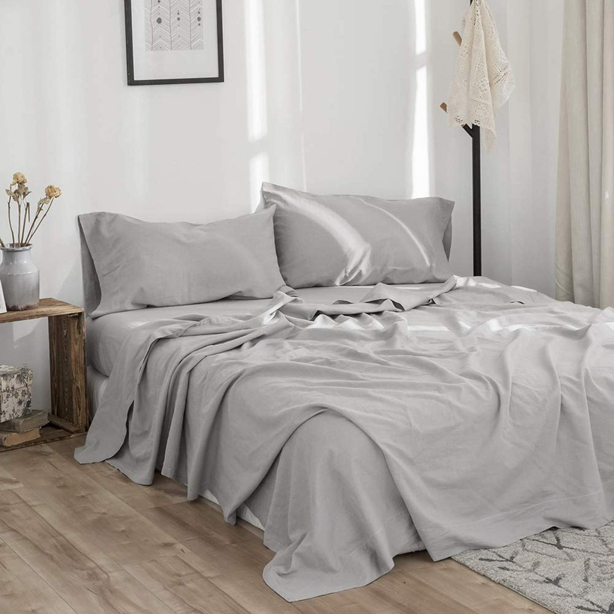 BISELINA Linen Sheet French Flax Flat Sheet Only 55% Euro Flax 45% Cotton Basic Style Solid Color Soft Breathable Farmhouse Top Sheet 1-Piece (Full, Linen)