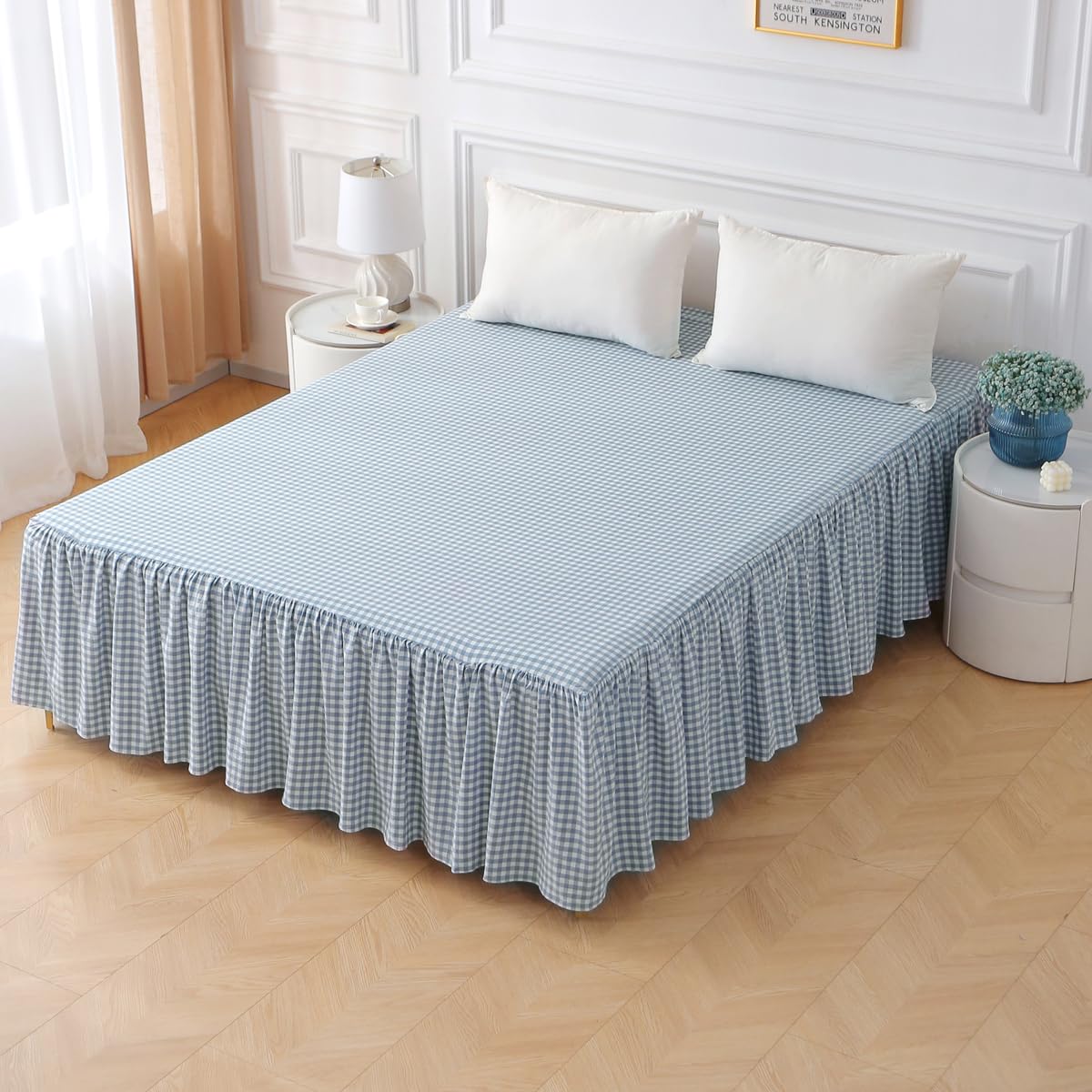 Silnuo Taupe/White Plaid Bed Skirt Gingham Dust Ruffle Queen Size 18"
