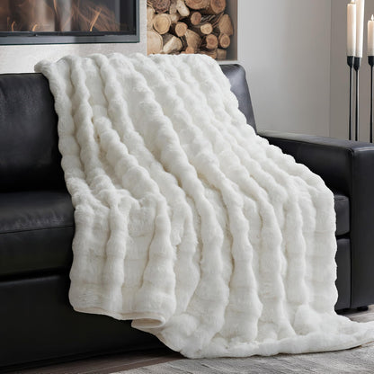 EverGrace Faux Rabbit Fur Bubble Throw Blanket, 60"x80", Ivory White