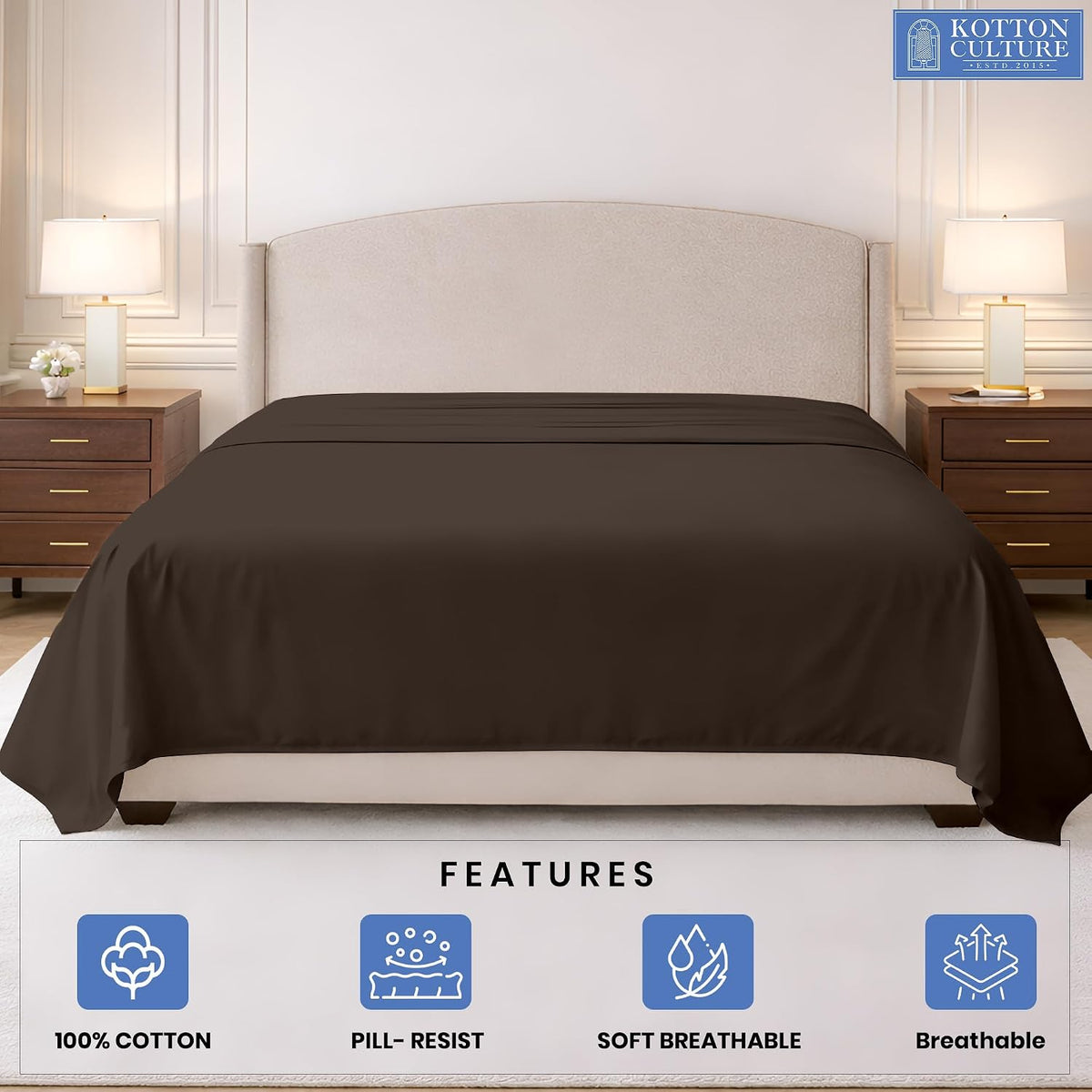 Kotton Culture 100% Egyptian Cotton 1 Pc Flat Sheet - 600 Thread Count, Soft and Crisp, Breathable, Top Sheet Only, Ultra Premium Sateen Weave Queen Bed Sheets, Cotton Flat Sheet (Chocolate)