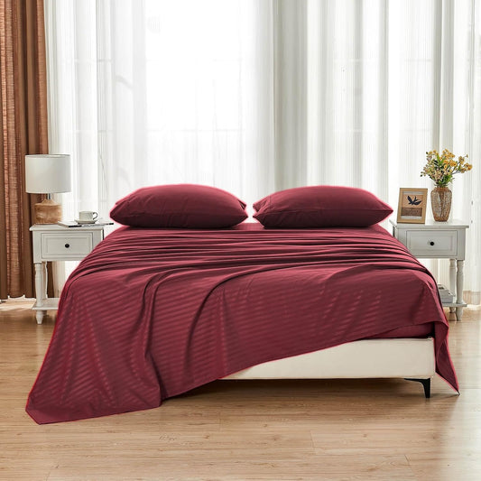 Kingnex Oversized King Flat Sheet 132x110 with Striped Pattern Burgundy