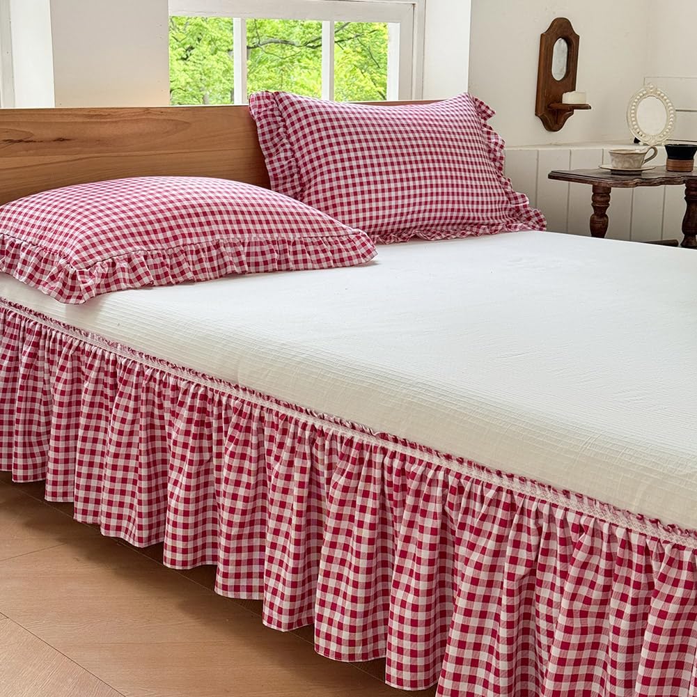 NSNLGSGC Green Gingham Wrap Around Ruffled Bed Skirt, Queen, 15 Inch Drop