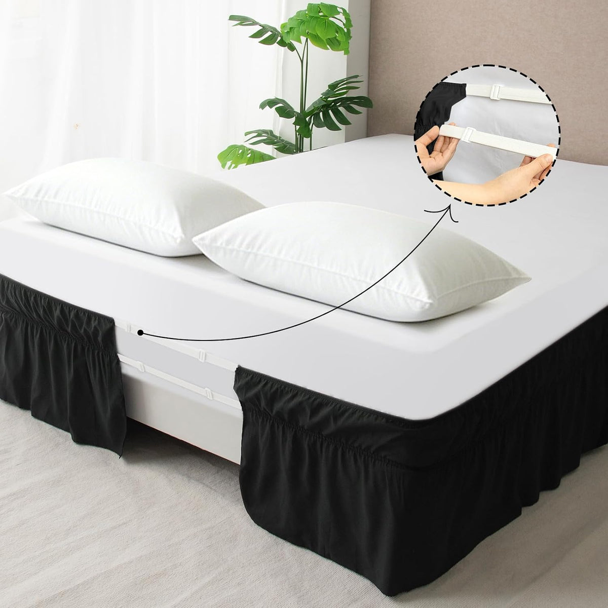 Queen Bed Skirt, Wrap Around Elastic Quadruple Pleated Bed Ruffle, Black
