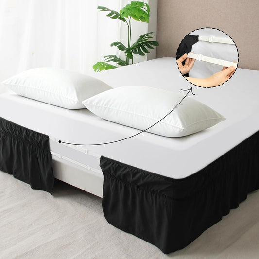 Queen Bed Skirt, Wrap Around Elastic Quadruple Pleated Bed Ruffle, Black