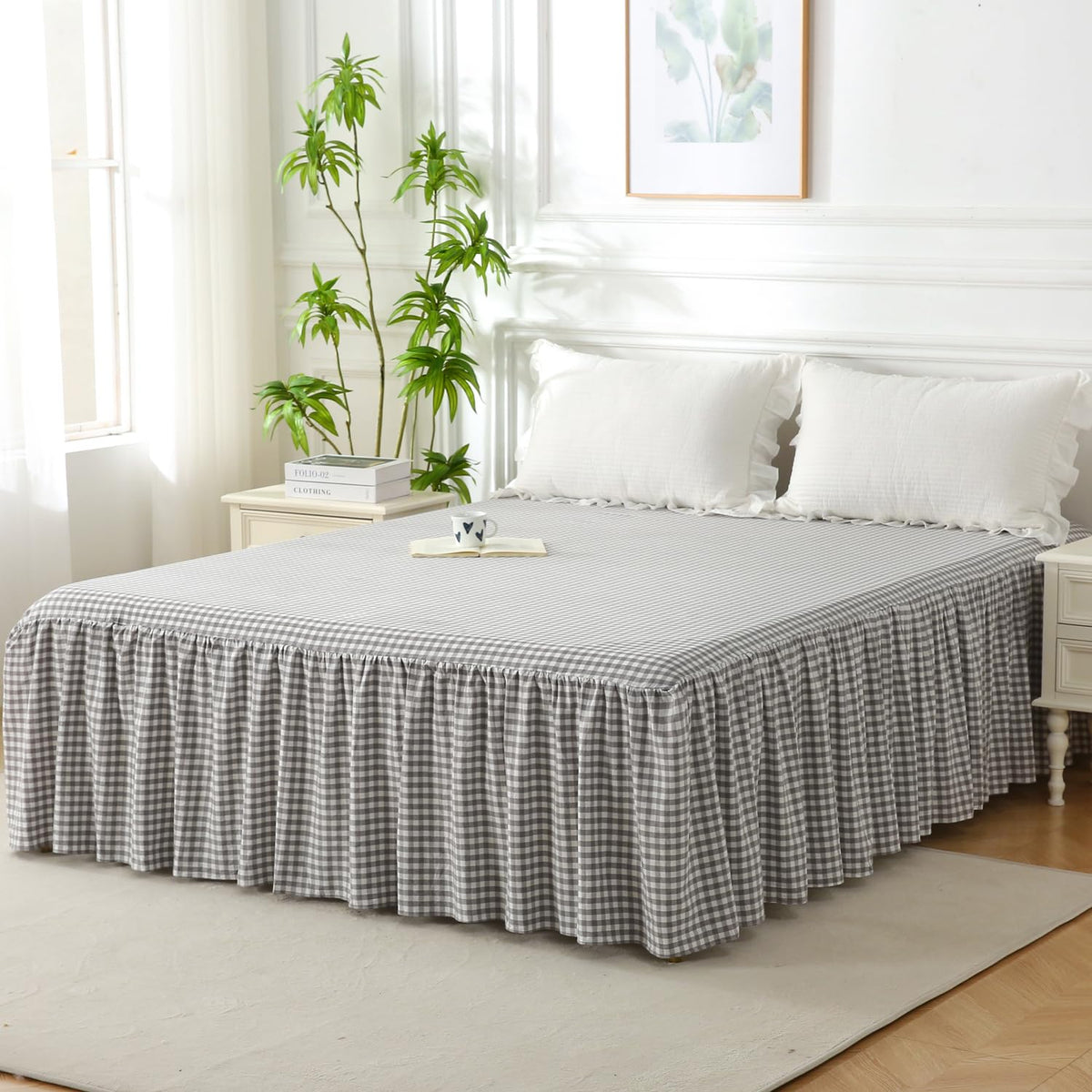 Silnuo Taupe/White Plaid Bed Skirt Gingham Dust Ruffle Queen Size 18"