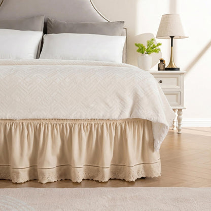 MIYE Wrap Around Ruffled Lace Bed Skirt, Elastic Dust Ruffle with Adjustable Belts, Easy to Put On, Bed Frame Cover, Machine Washable (Floral Lace/White, King/Queen-15 Drop)