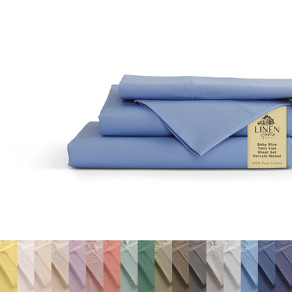 Linen Home 100% Cotton Percale Sheets Queen Size 4 Pc Cooling Set - White