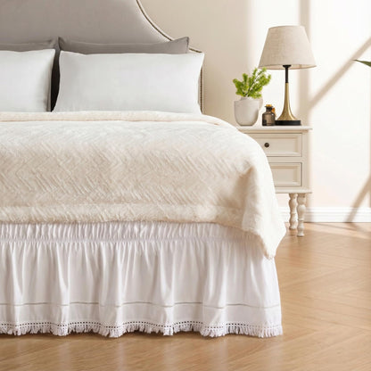 MIYE Wrap Around Ruffled Lace Bed Skirt, Elastic Dust Ruffle with Adjustable Belts, Easy to Put On, Bed Frame Cover, Machine Washable (Floral Lace/White, King/Queen-15 Drop)