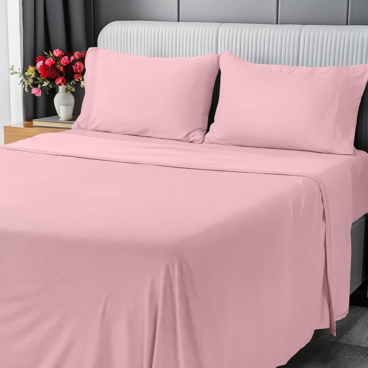 Jersey Knit Sheets 4 Piece, Cotton T-Shirt Feel, Queen, Dark Grye Grey