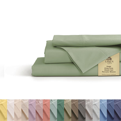 Linen Home 100% Cotton Percale Sheets Queen Size 4 Pc Cooling Set - White