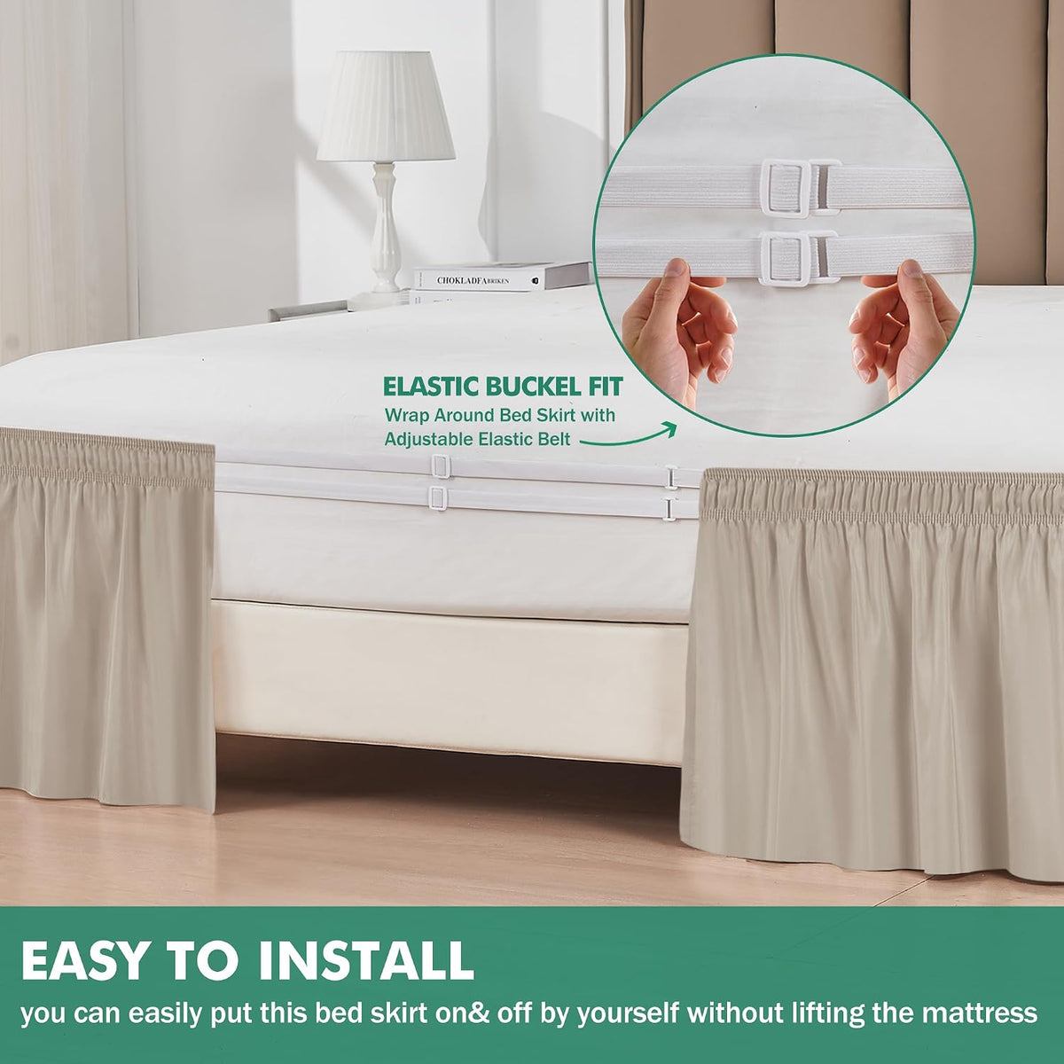 Wrap Around Queen Size Bed Skirt Split Corner 15" Drop-Elastic Dust Ruffle
