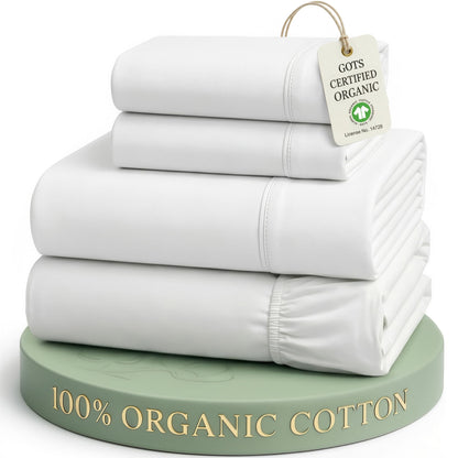 LANE LINEN Queen Sheets 100% Organic Cotton 4pc Percale Cooling - White