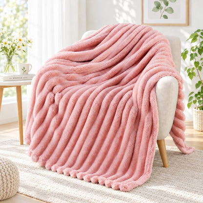 Exclusivo Mezcla Striped Fleece Throw Blanket for Couch, Sofa, Navy Blue
