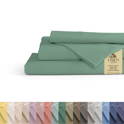 Linen Home 100% Cotton Percale Sheets Queen Size 4 Pc Cooling Set - White