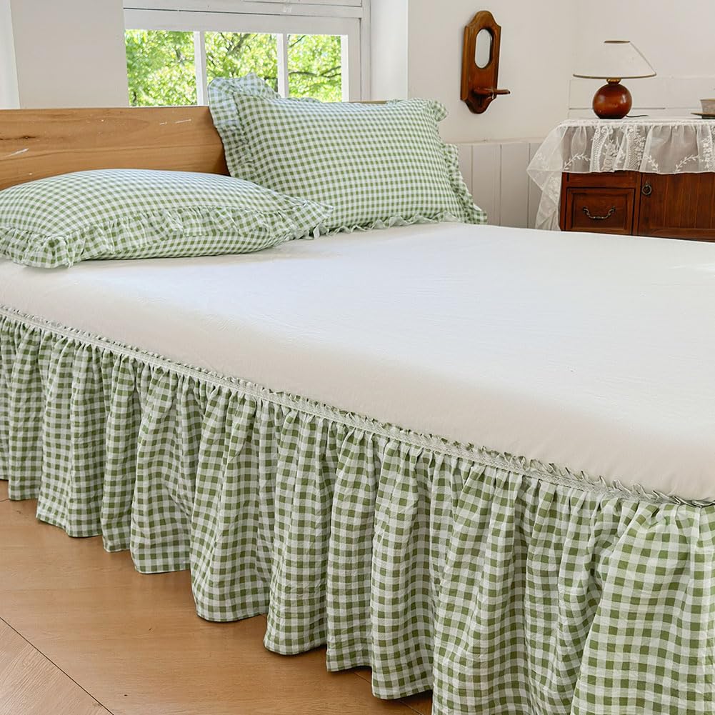 NSNLGSGC Green Gingham Wrap Around Ruffled Bed Skirt, Queen, 15 Inch Drop