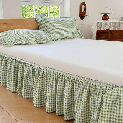 NSNLGSGC Green Gingham Wrap Around Ruffled Bed Skirt, Queen, 15 Inch Drop