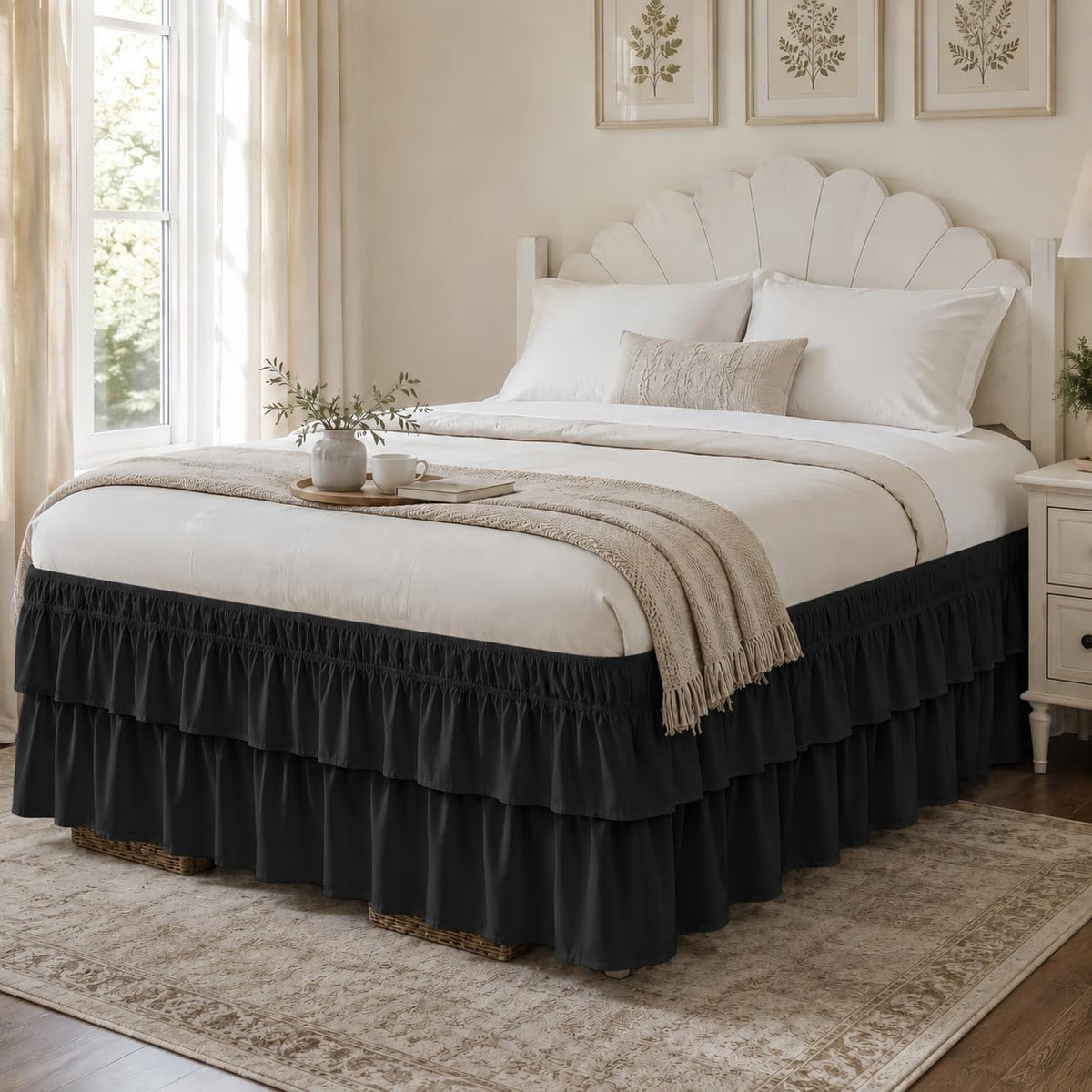 RIMELA Queen Size Ruffle Bed Skirt 16 Inch Drop - White Double Layered Wrap Around Dust Ruffle, Romantic Cute Design Bedskirt with High-Density Fabric, Soft Stretchy, Easy Install for Queen Bed