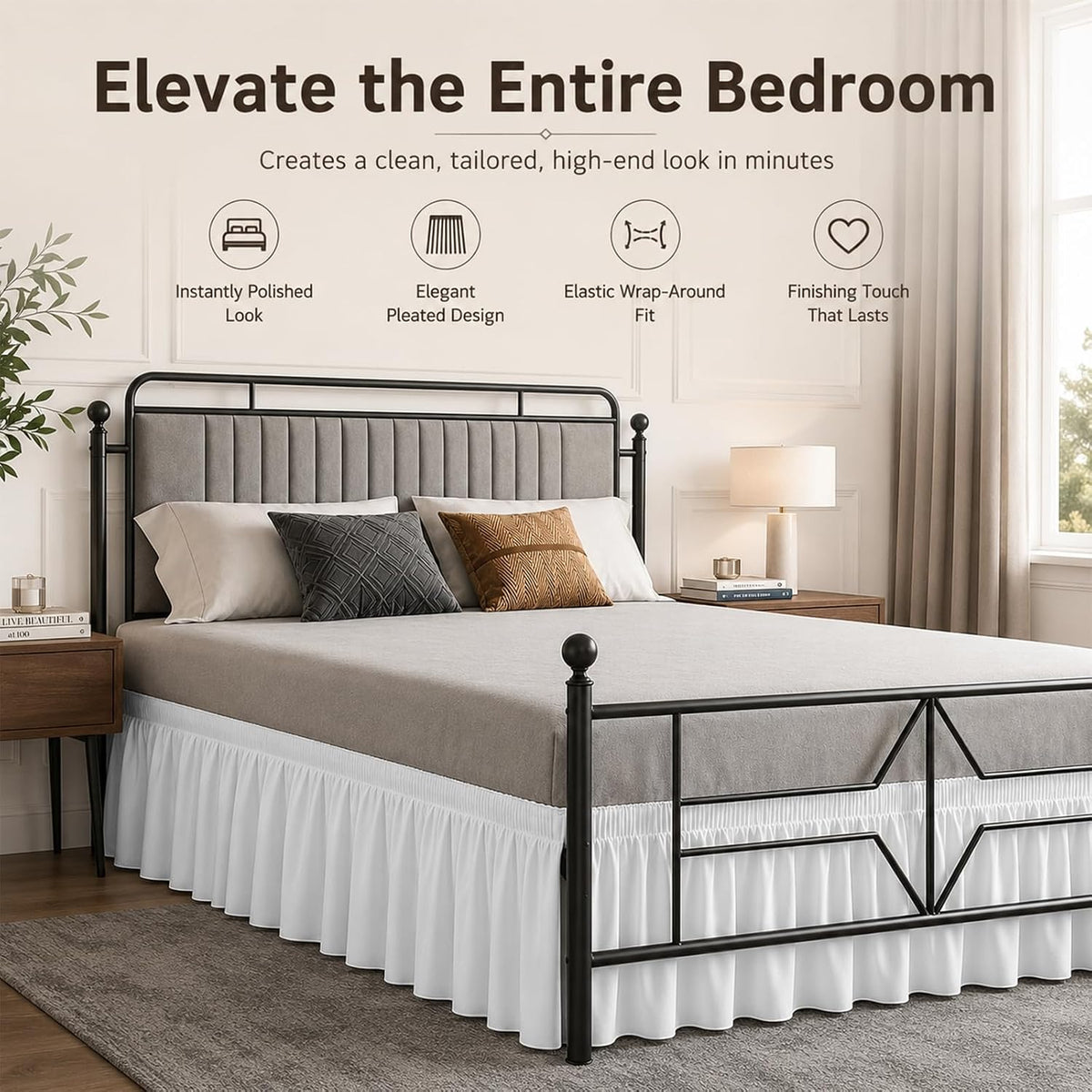 Queen Bed Skirt 14 inch Drop, Elastic Wrap Split Corner, Bright White