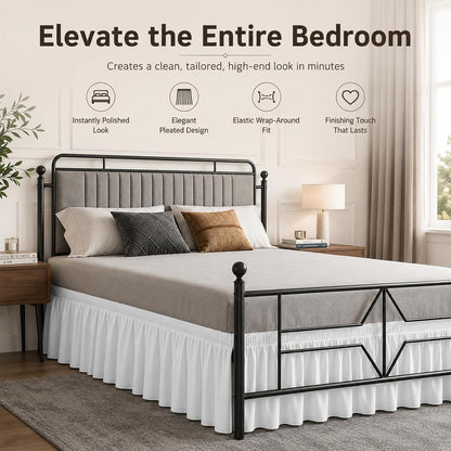 Queen Bed Skirt 14 inch Drop, Elastic Wrap Split Corner, Bright White