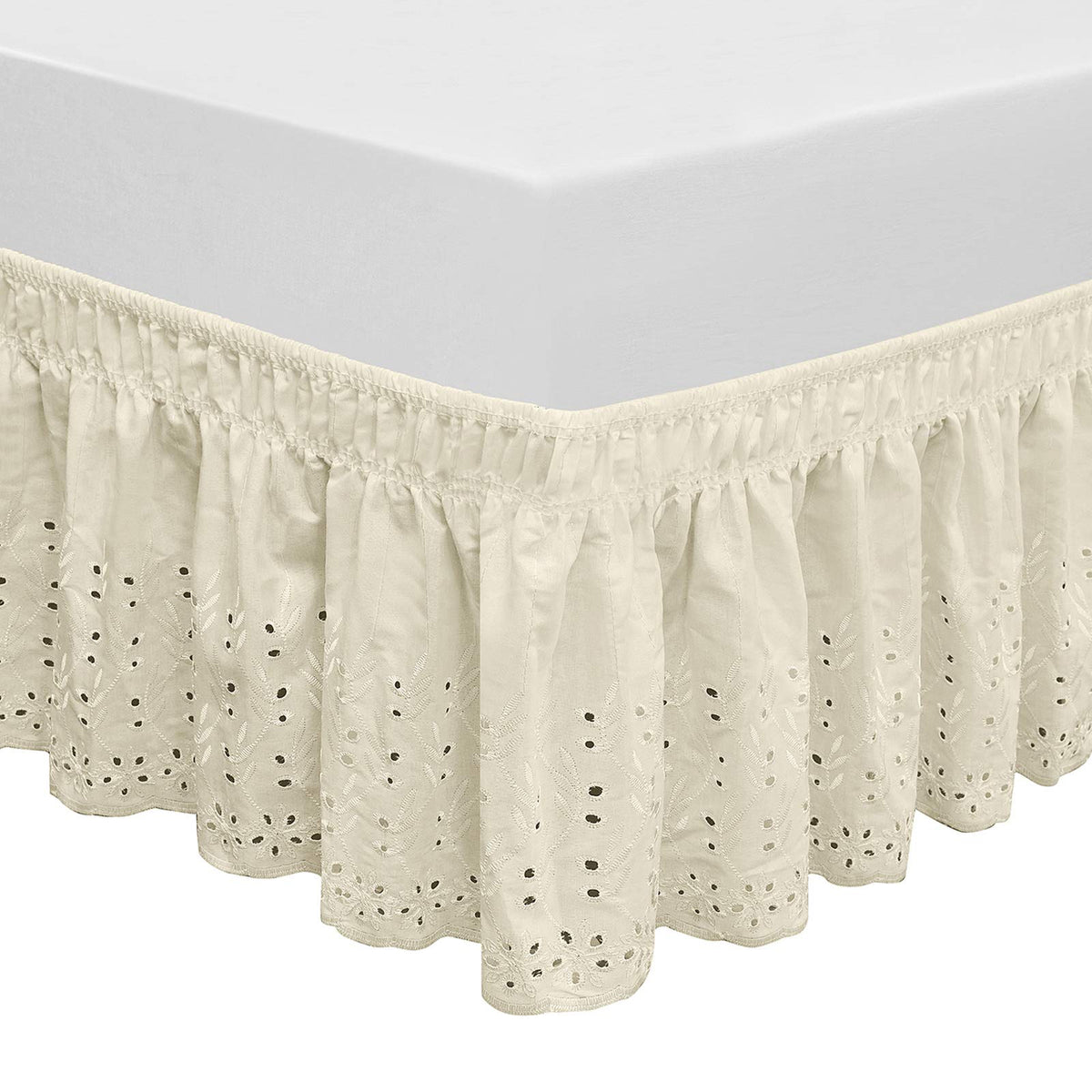 Wrap Around Elastic Eyelet Bed Skirt Dust Ruffle (Ivory, Twin/Full-18 Inch Drop)