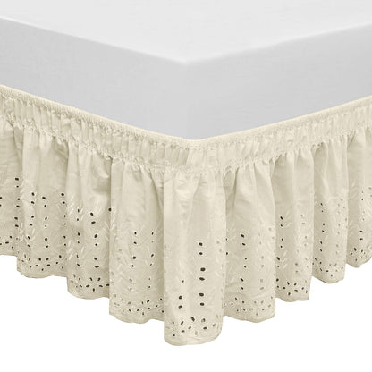 Wrap Around Elastic Eyelet Bed Skirt Dust Ruffle (Ivory, Twin/Full-18 Inch Drop)