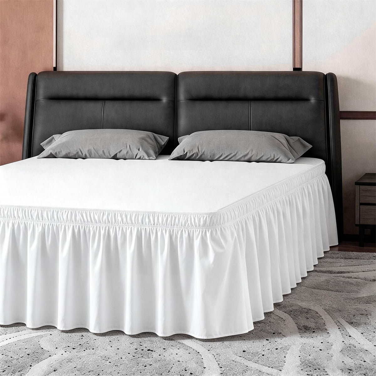 ANARACHON Full Bed Skirt, Wrap-Around Elastic Ruffled Eyelet Bed Skirt Full Size Dust Ruffle with Gathered Styling and Embroidered Details, 18" Drop Length (White)