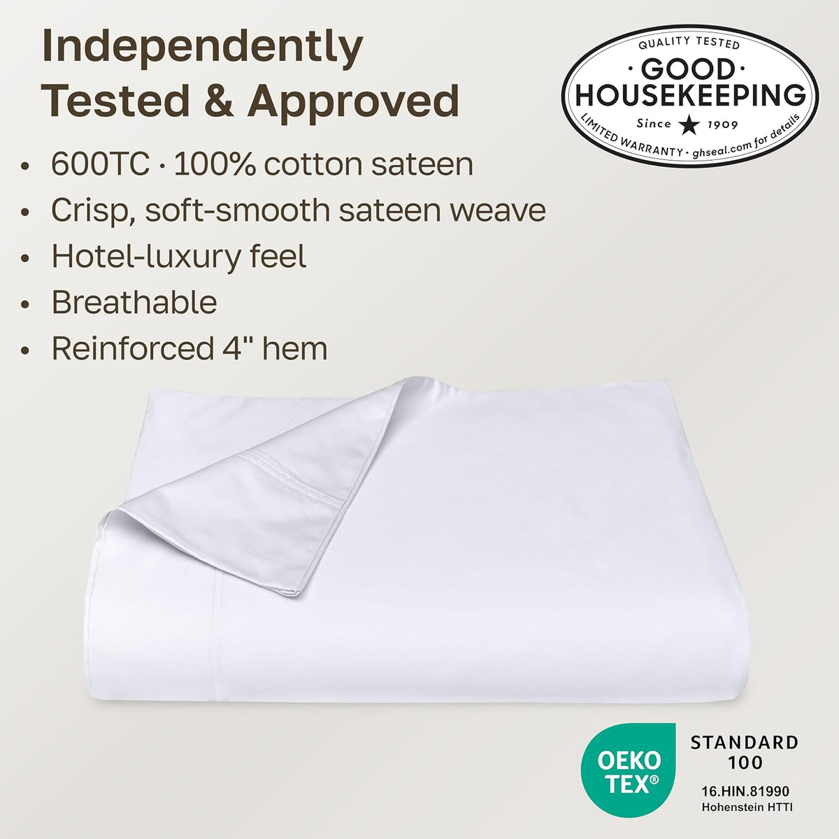 California Design Den 600 Thread Count Queen Flat Sheet, Bright White