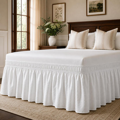 White Twin XL College Dorm Bed Skirt 32" Drop, Elastic Wrap Dust Ruffle