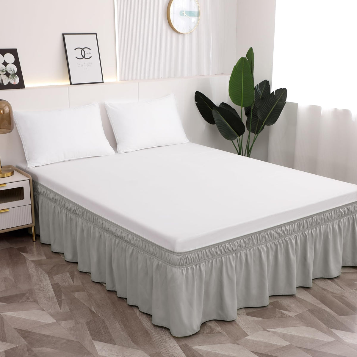 Toodou Easy to Install Wrap Around Bed Skirt Three Fabric Sides Elastic Dust Ruffled 16 Inch Tailored Drop, Fade Resistant-Black, Twin/Twin XL