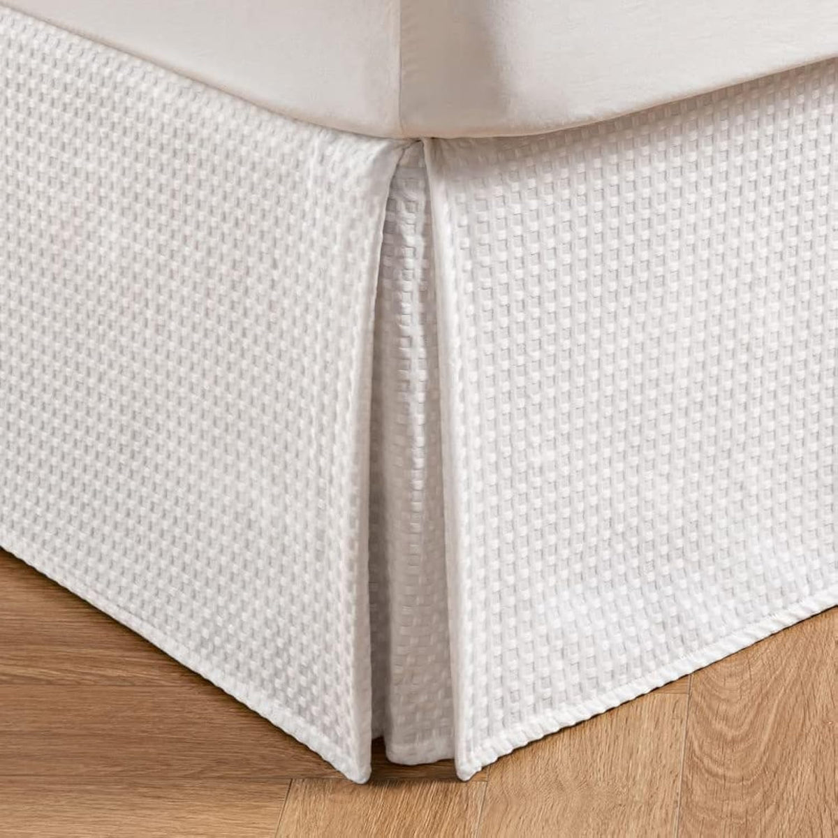 MIYE Pleated Waffle Weave Bed Skirt, Tailored Dust Ruffle 14 Inch Drop Easy Fit, Machine Washable,No Split Corners (Beige, King - 14" Drop)
