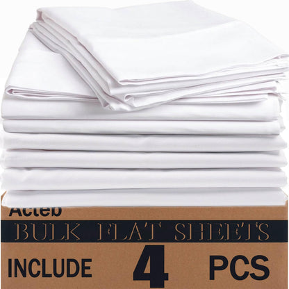 Bulk Twin Flat Sheets Only 4 Pack Basic White Bed Top Line Flat Sheet Soft Breathable Color Coded Hem Threads for Hotel Bedding Wholesale 66x96 inches