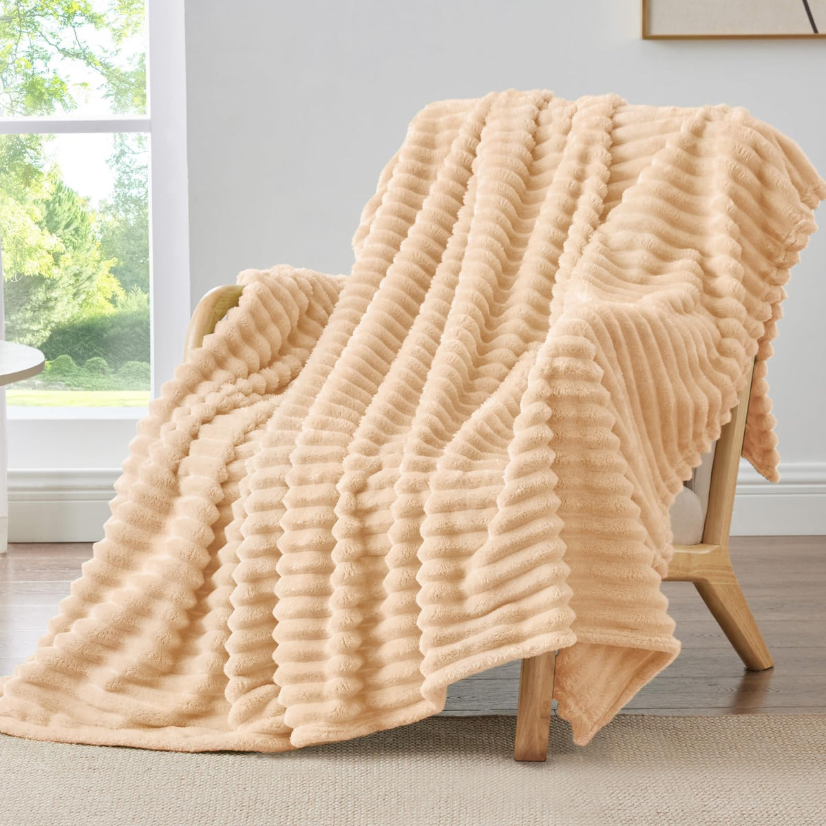 BEDELITE Ribbed Fleece Throw Blanket for Couch, Cream, 50"x60"