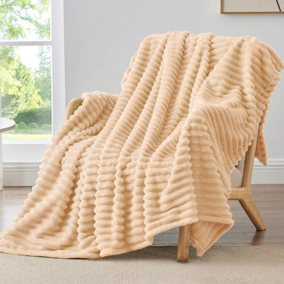 BEDELITE Ribbed Fleece Throw Blanket for Couch, Cream, 50"x60"