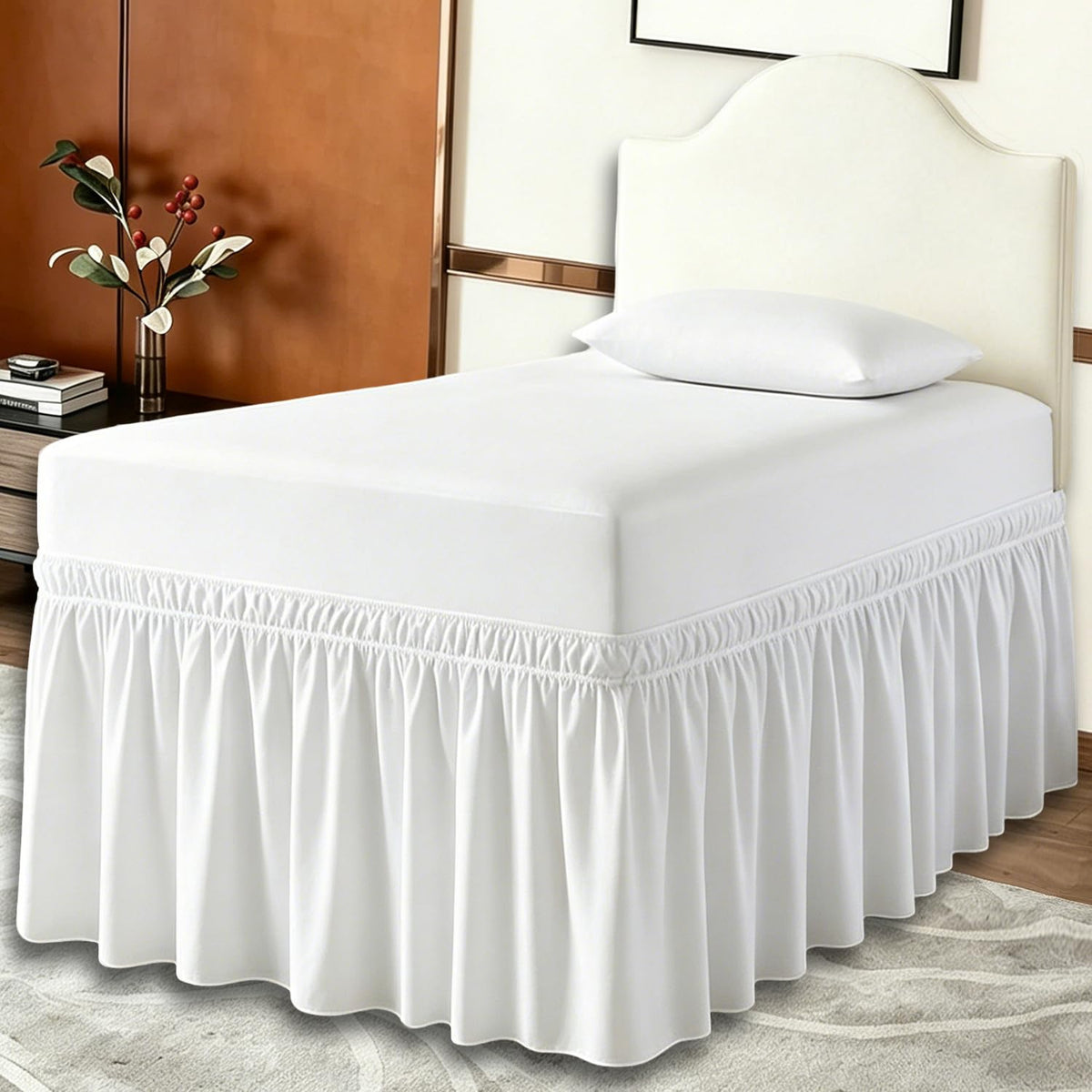 ANARACHON Full Bed Skirt, Wrap-Around Elastic Ruffled Eyelet Bed Skirt Full Size Dust Ruffle with Gathered Styling and Embroidered Details, 18" Drop Length (White)