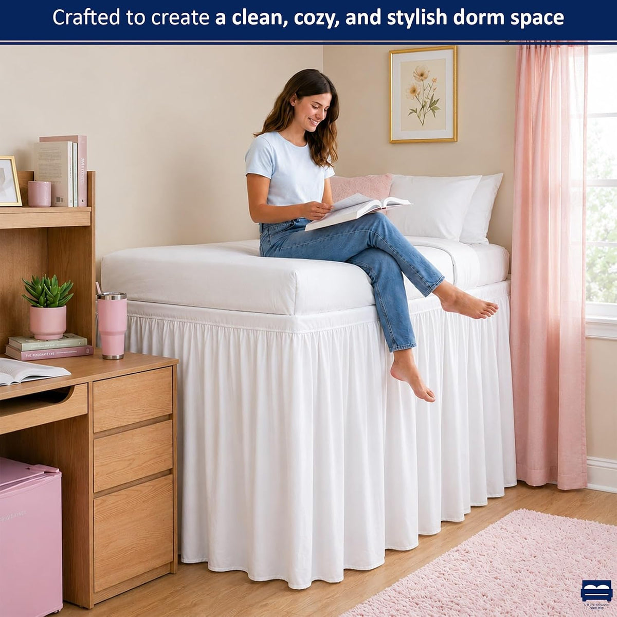 Cottingon Twin XL 32 Inch Drop Extended Dorm Room Bed Skirt,100% Microfiber College Bed Essentials Extra Long Size Dust Ruffle,White