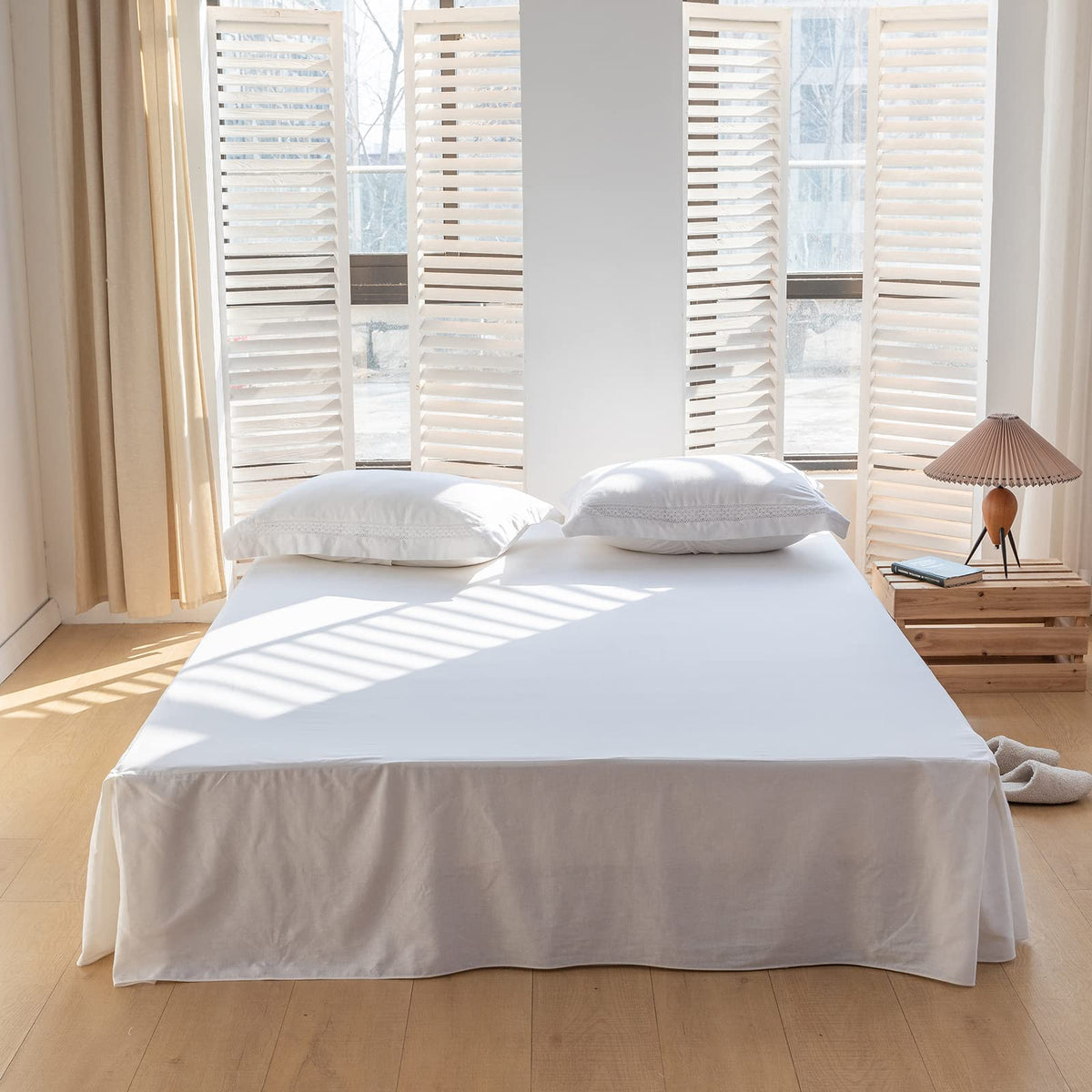 BISELINA French Linen Wrap Around Bed Skirt with Pleated Corner 14-Inch Tailored Drop Natural Flax Cotton Blend Basic Soft Cozy (14" Queen, Linen)