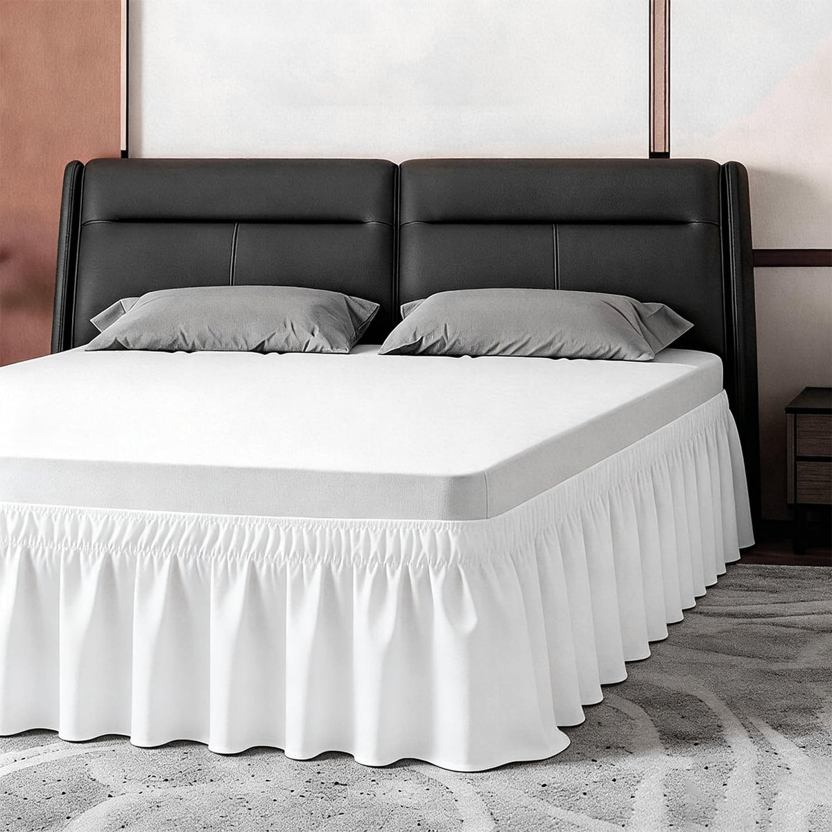 ANARACHON Full Bed Skirt, Wrap-Around Elastic Ruffled Eyelet Bed Skirt Full Size Dust Ruffle with Gathered Styling and Embroidered Details, 18" Drop Length (White)